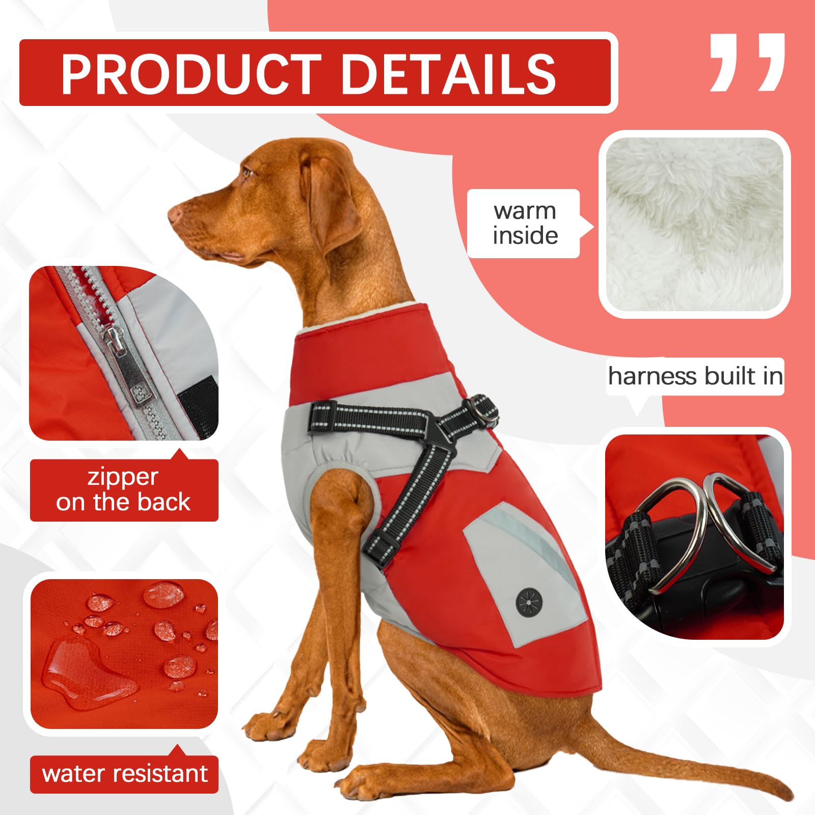 Fuamey Dog Jacket - Waterproof Winter Coat With Zipper - Reflective Vest For Medium Dogs - Red
